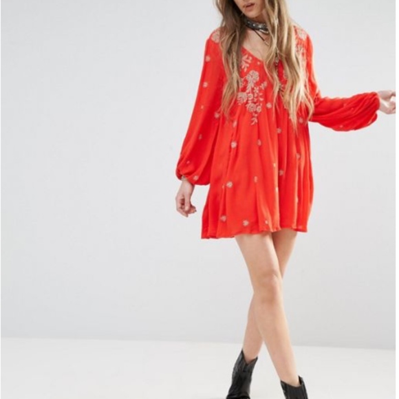 free people red embroidered dress